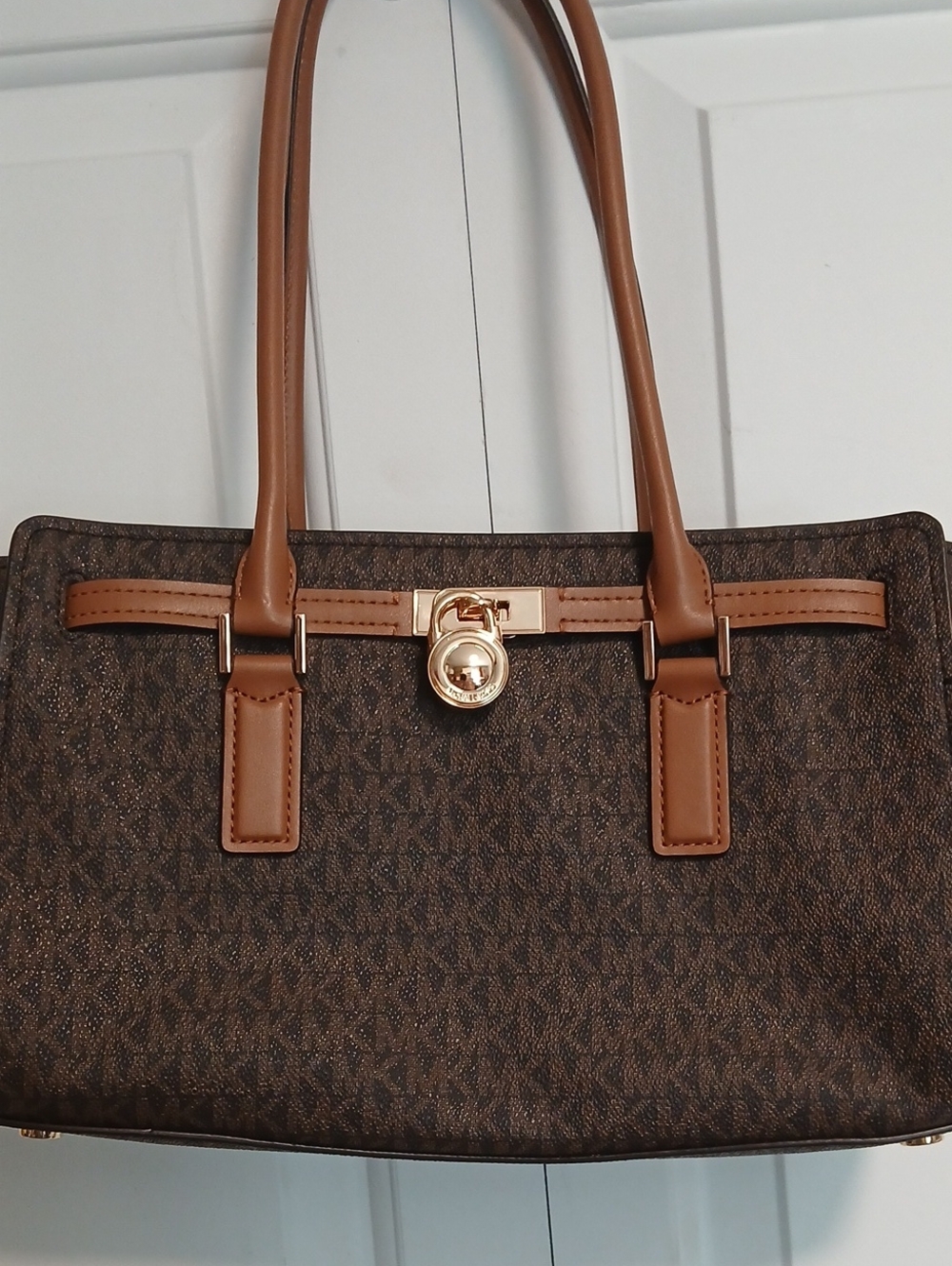 Michael Kors Brown Monogram Satchel with Tan Trim and Gold Hardware